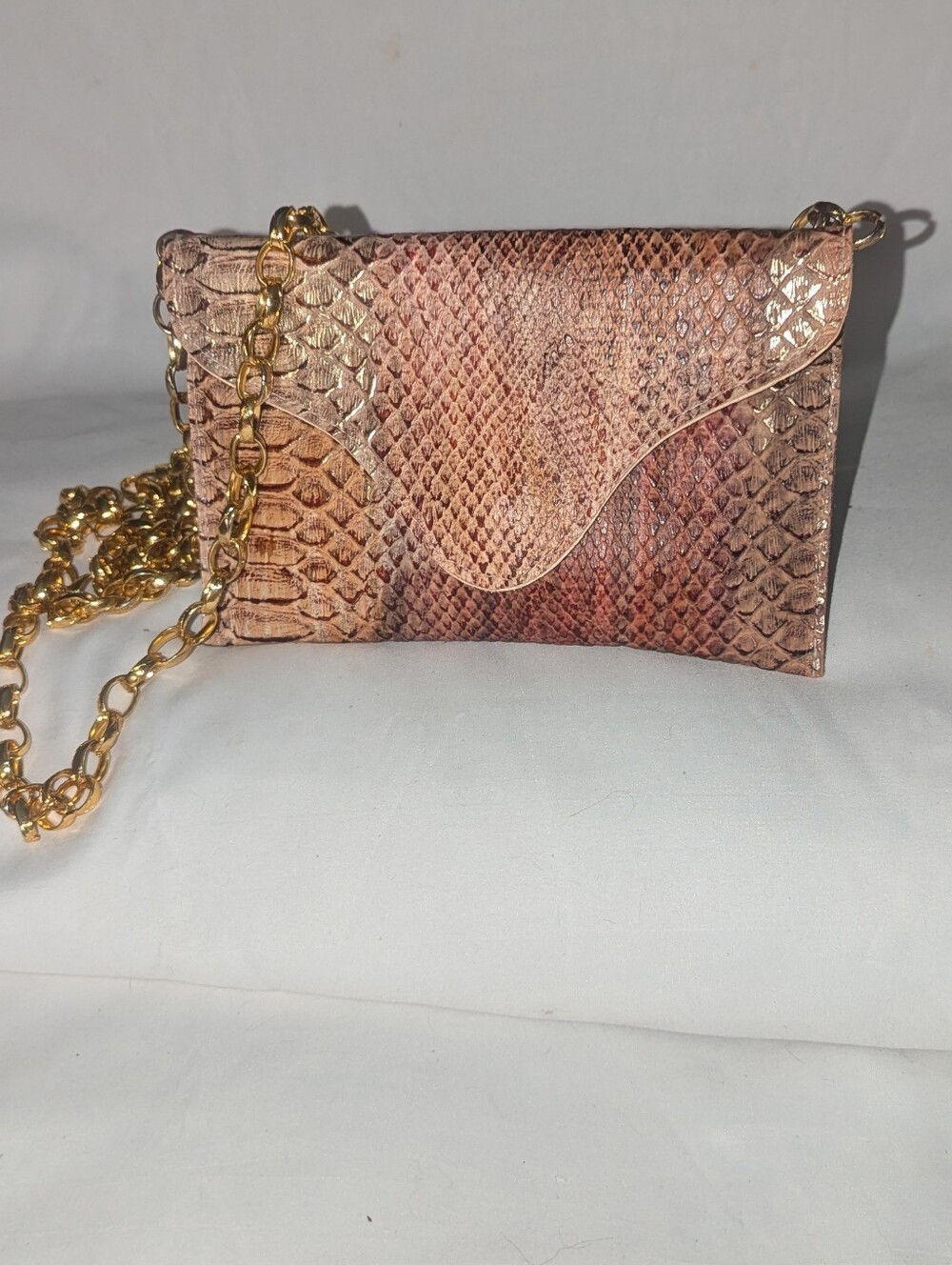 JJ Winters Metallic Rose Gold Snake-Embossed Chain Envelope Style Crossbody